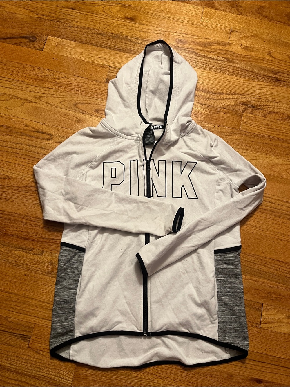 PINK Victoria's Secret White Hooded Zip Jacket with Gray Panels- size small